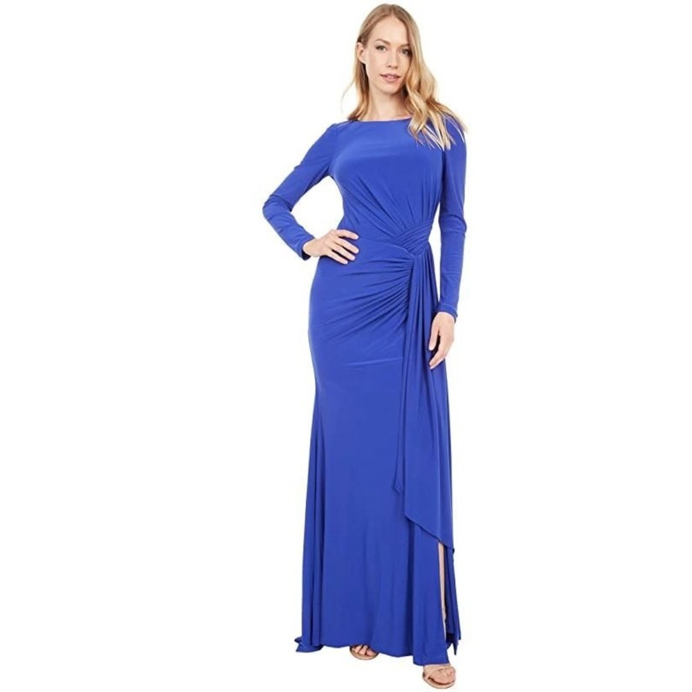 Vince Camuto Women's Ruched Side Drape Long Sleeve Jersey Gown in Cobalt Size 4